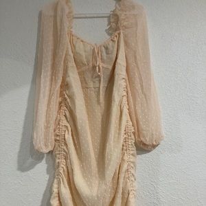 Puff Long Sleeve Ruched Cream Dress